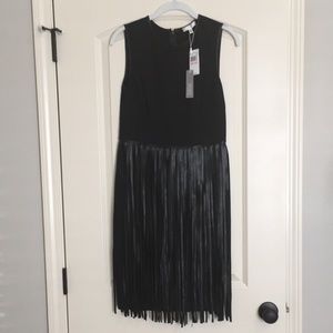 NWT Black dress w/faux leather trim & fringe, Size 6